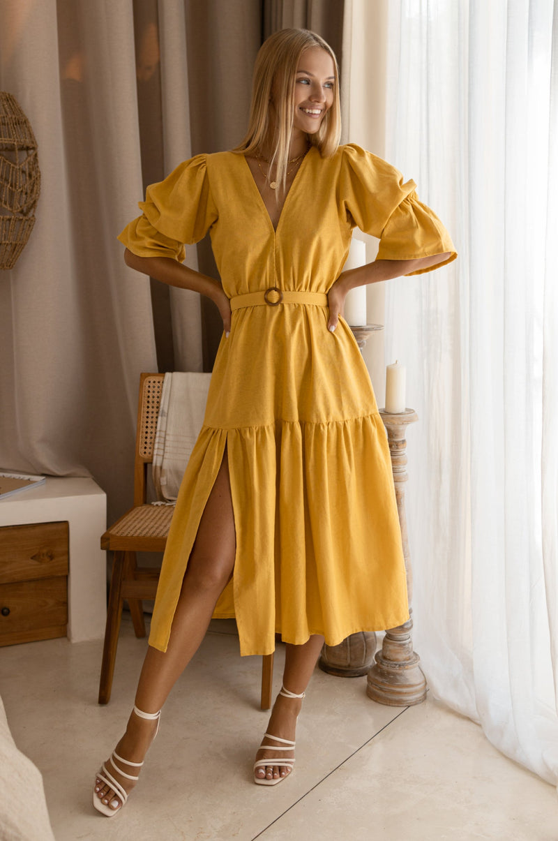 Peony. White midi dress in organic linen with ruffled gathered sleeves ELF