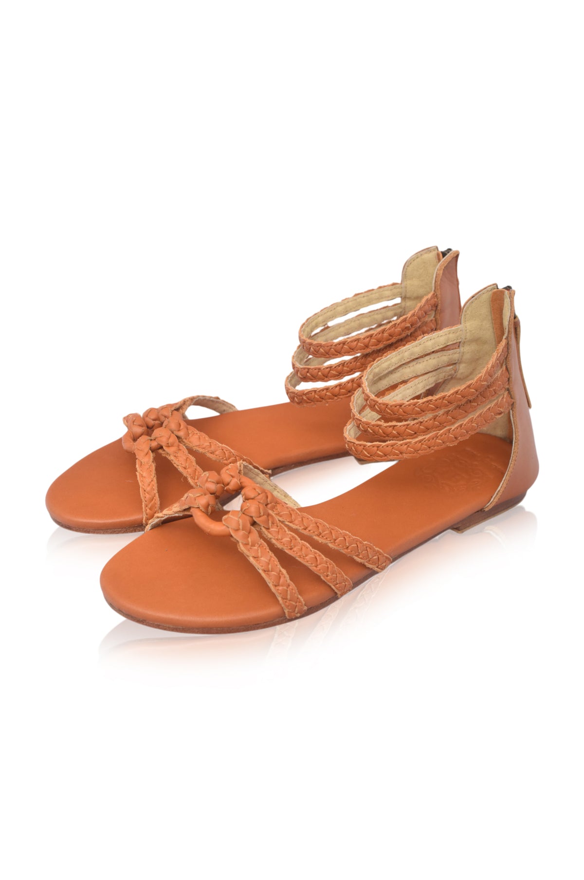 Tan braided leather sandals, top view on a white background — handmade by Bali ELF
