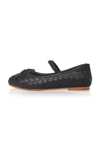 A single black woven leather ballet flat with a Mary Jane strap and bow, shown in profile against a white background.