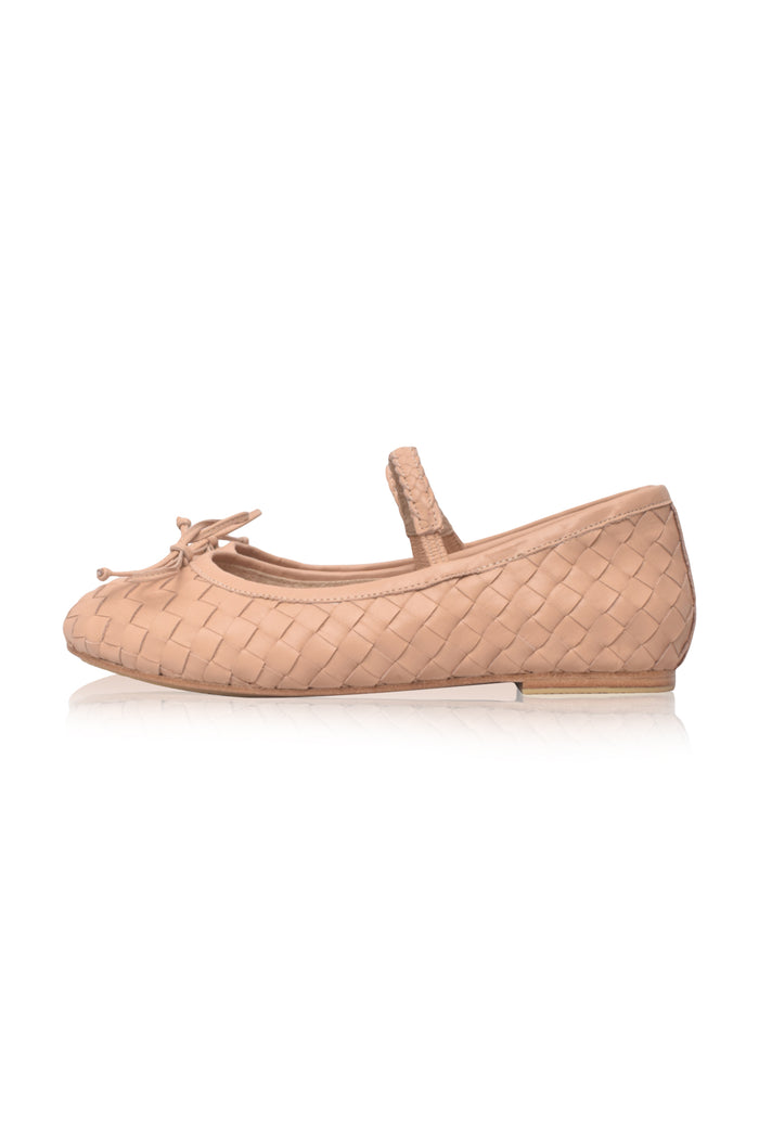 A single beige woven leather ballet flat with a Mary Jane strap and a small bow on the toe, shown in profile against a white background.