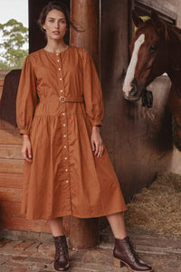 Arbelle Belted Cotton Button-Front Midi Dress