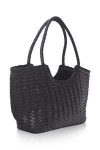 Black woven handbag on a white background