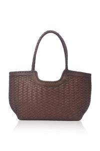 Brown woven handbag on a white background