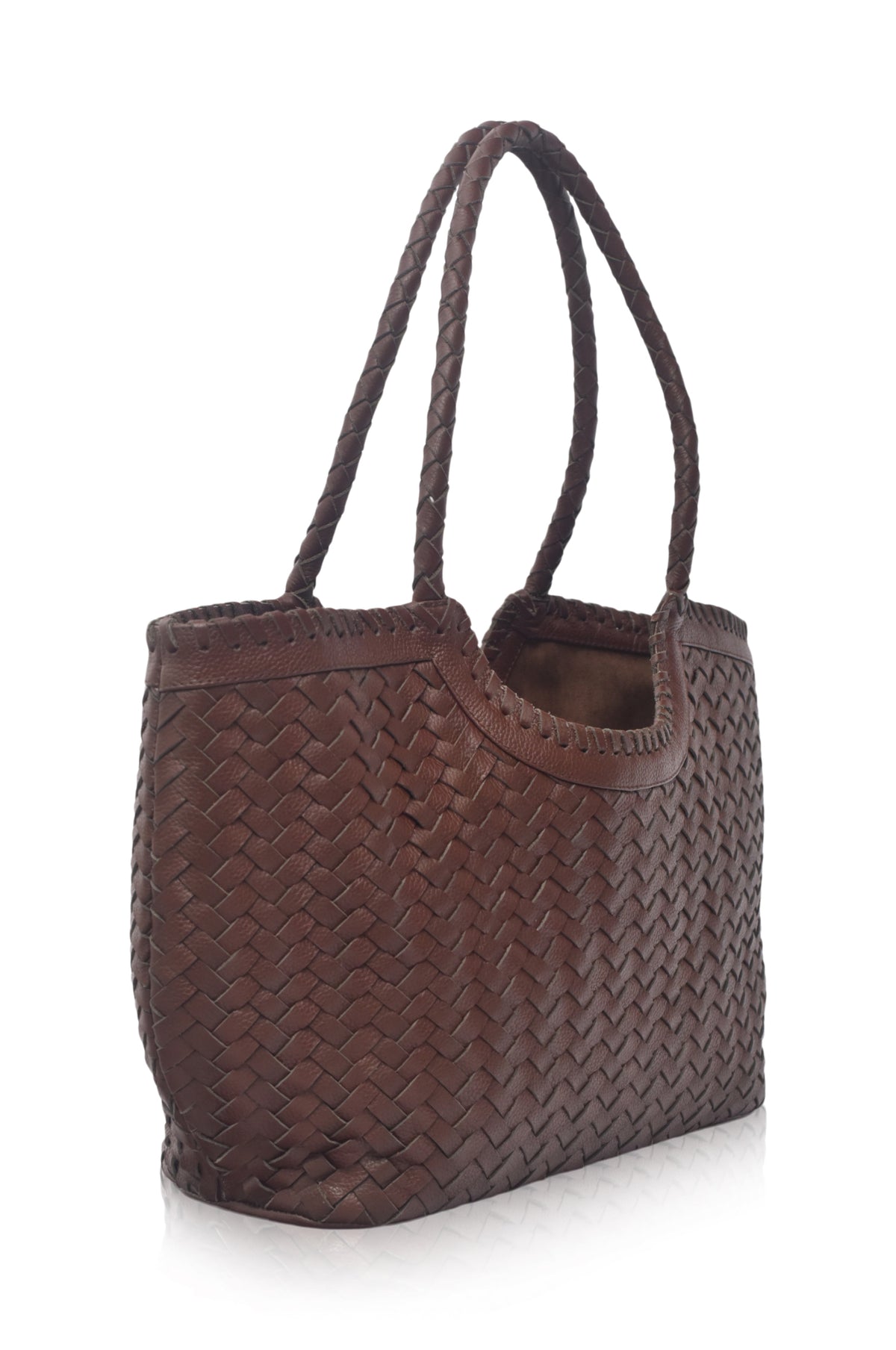 Brown woven handbag on a white background