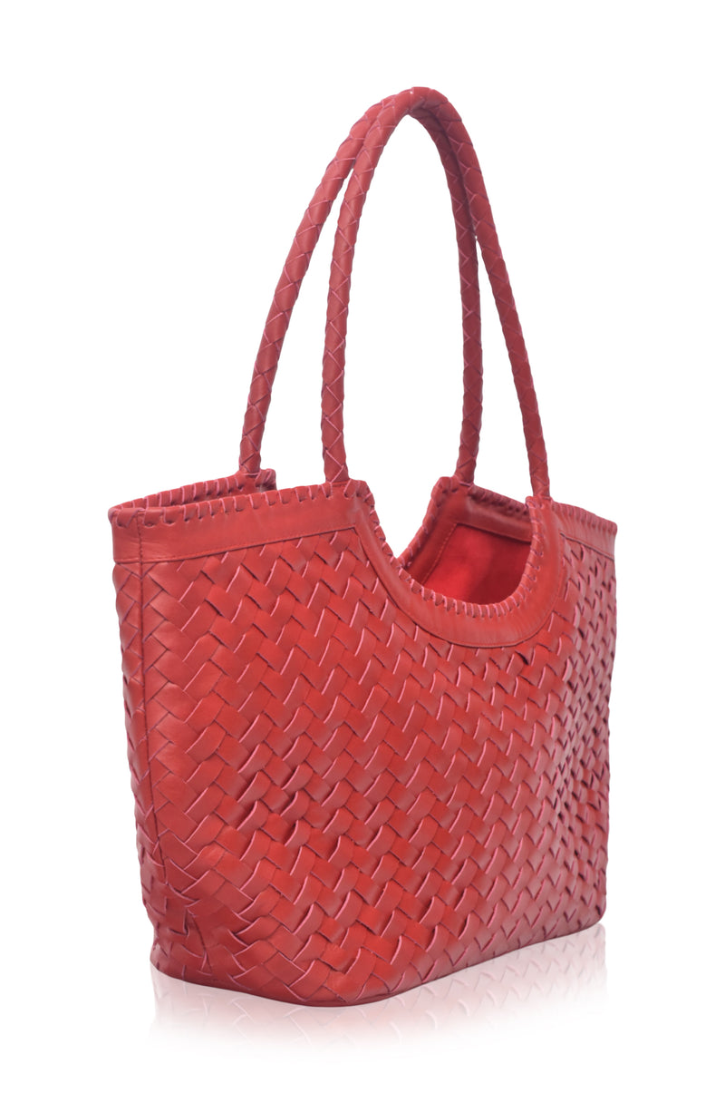 Red woven handbag on a white background