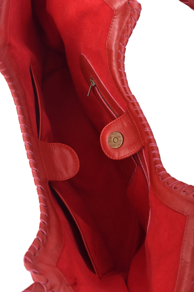 Close-up of a red leather jacket with a zipper and button detail.