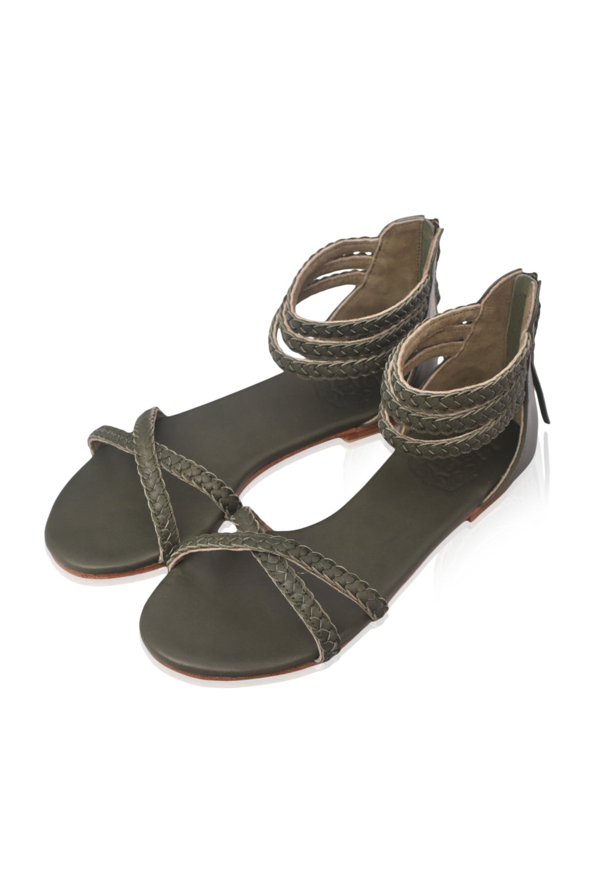 Khaki green braided thong leather sandals, pair — handmade by Bali ELF
