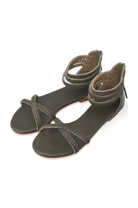 Khaki green braided thong leather sandals, pair — handmade by Bali ELF
