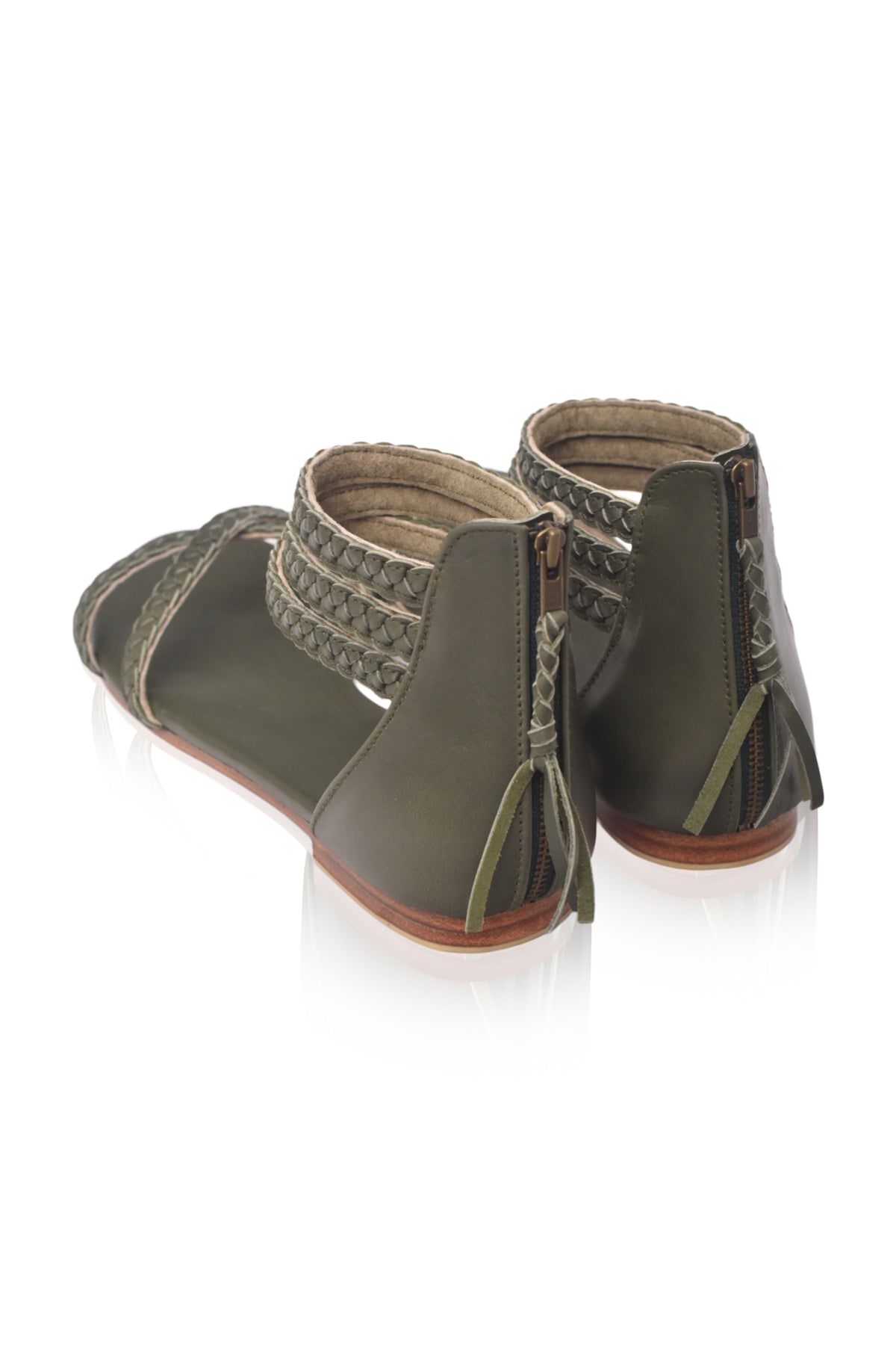 Khaki green braided thong leather sandals, braided strap detail — handmade by Bali ELF