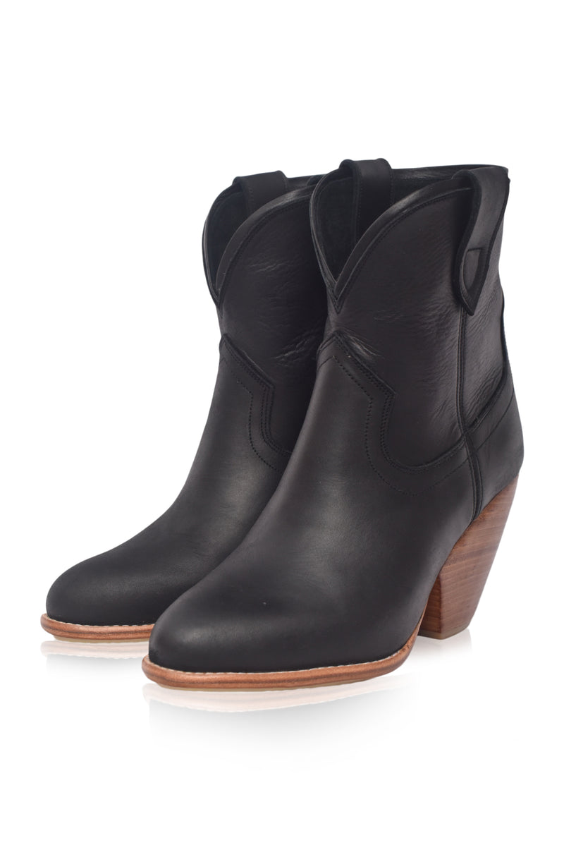Black leather ankle boots with wooden heel on a white background