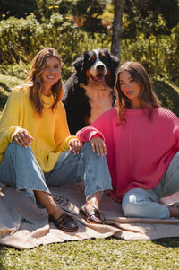 Two women sitting on a blanket with a large dog in a park-like setting