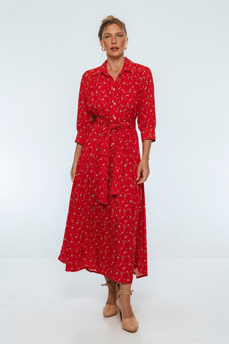 Woman wearing a red patterned dress on a white background