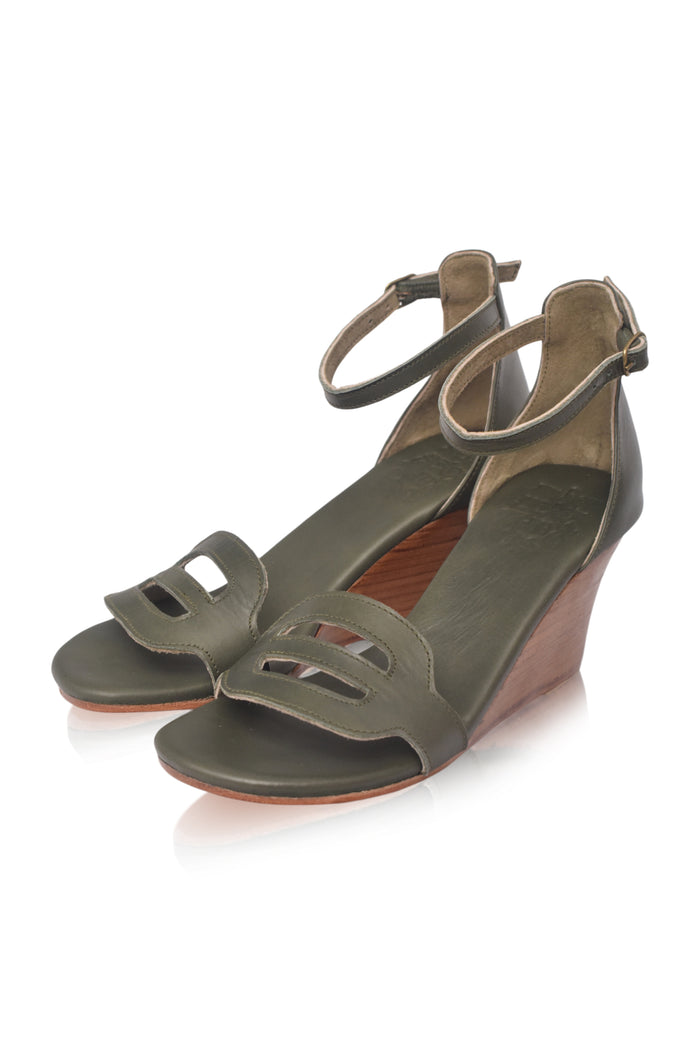 Khaki green leather wedge sandals, with cut-out upper — handmade by Bali ELF
