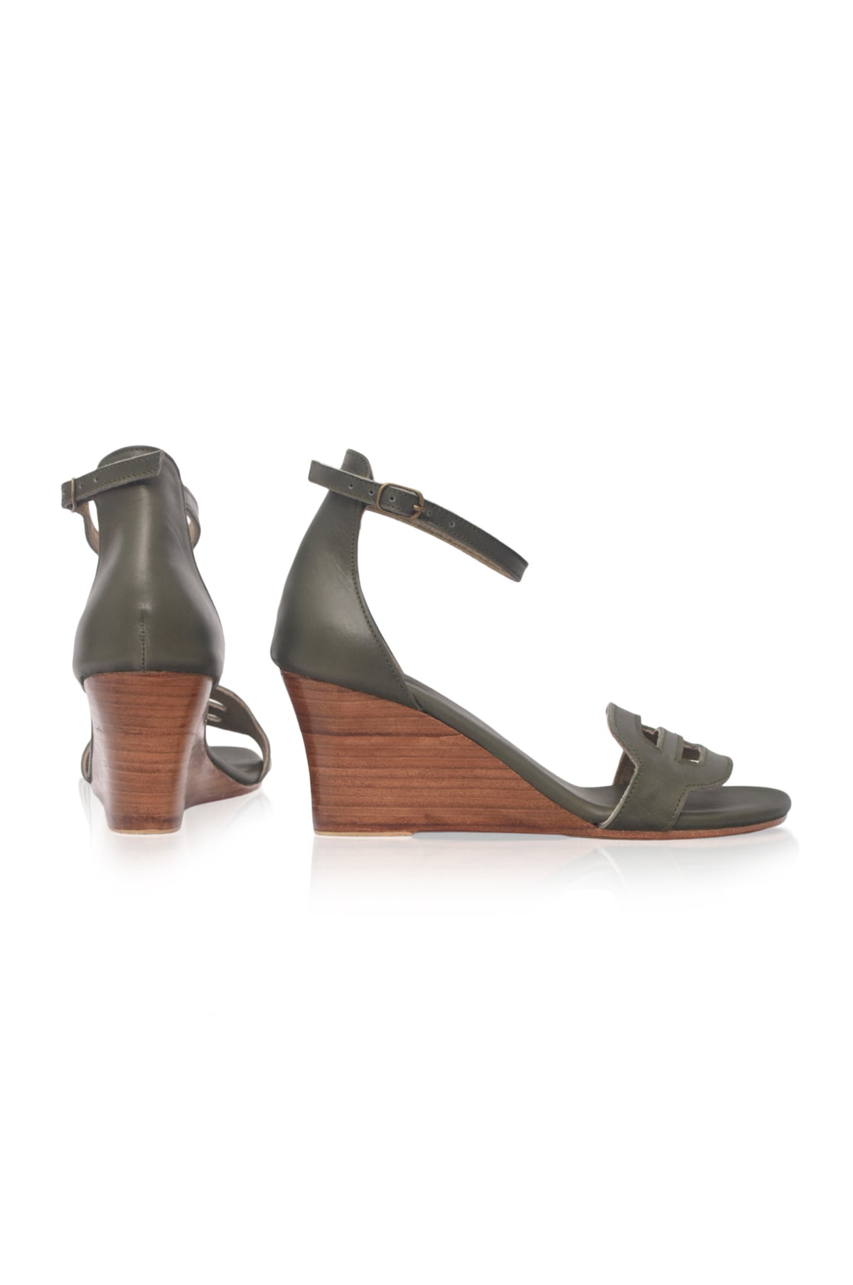 Khaki green leather wedge sandals, with adjustable buckle — handmade by Bali ELF