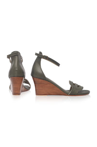 Khaki green leather wedge sandals, with adjustable buckle — handmade by Bali ELF