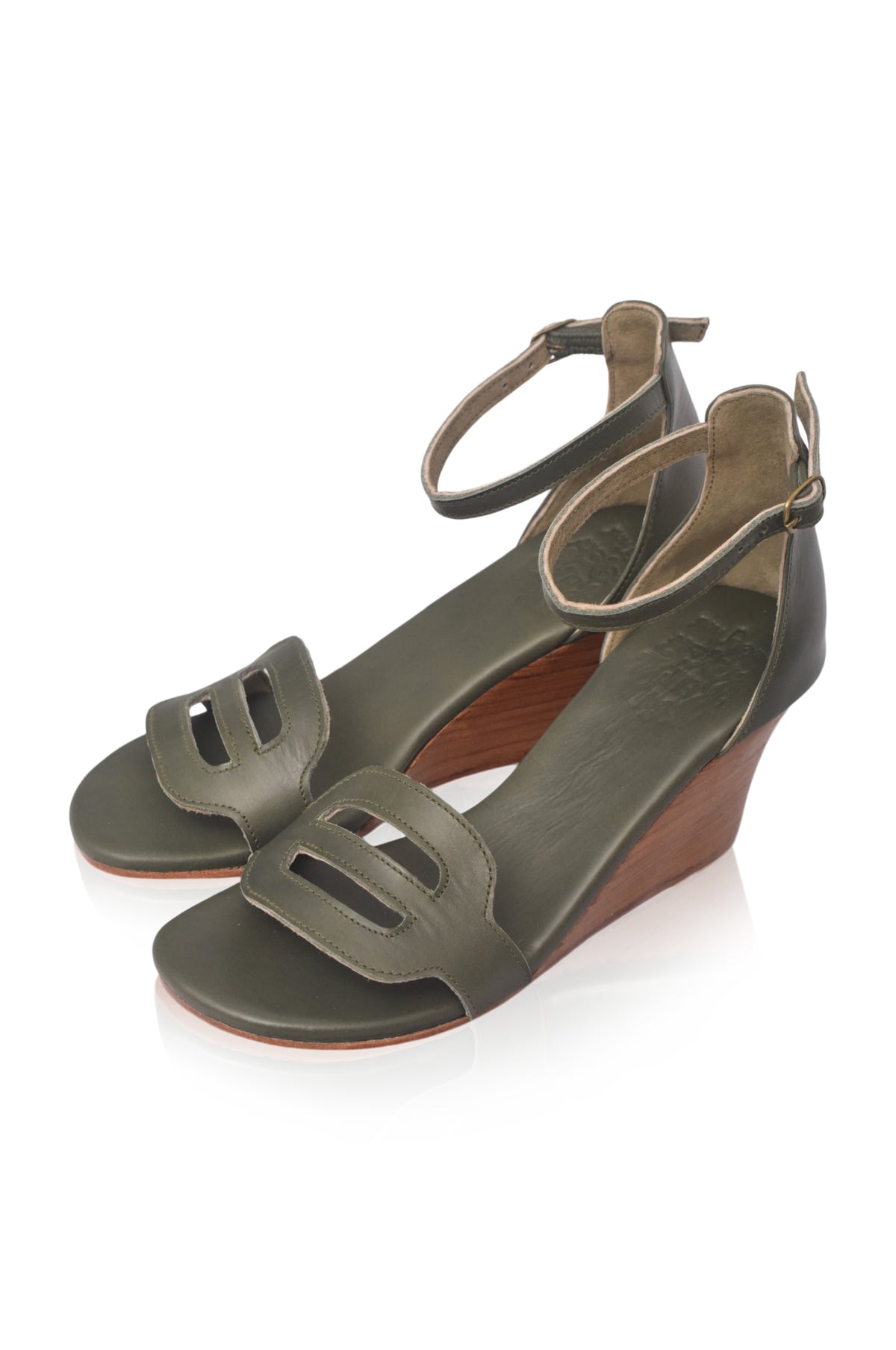 Khaki green leather wedge sandals, on a wooden wedge heel — handmade by Bali ELF