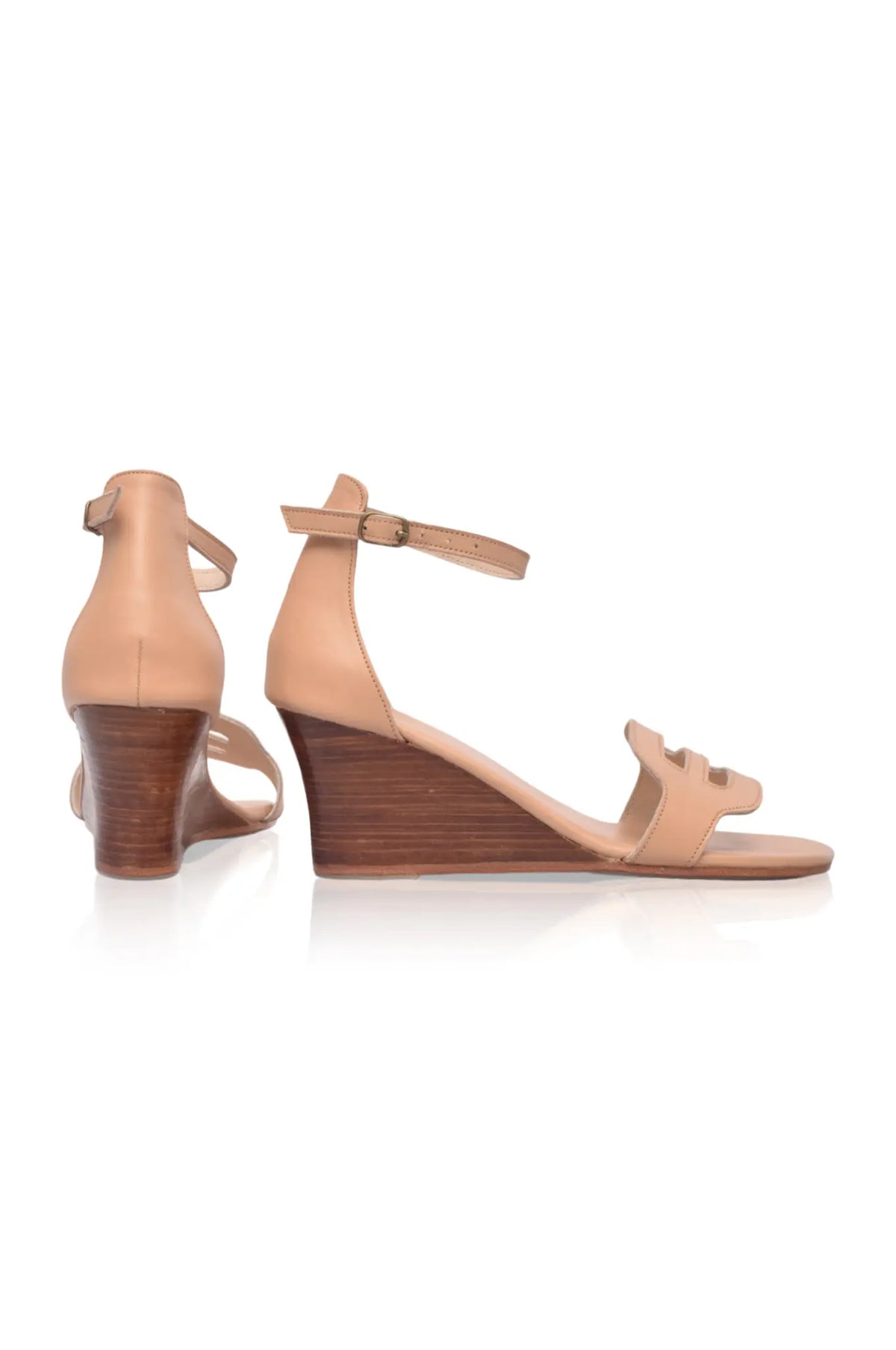 Beige leather wedge sandals, side profile — handmade by Bali ELF