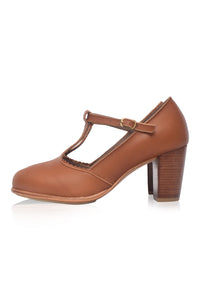 Brown leather shoe with a wooden heel on a white background