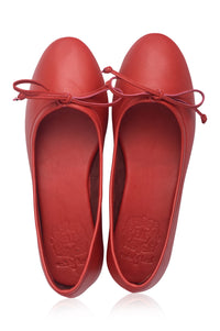 Pair of red shoes with a bow on a white background