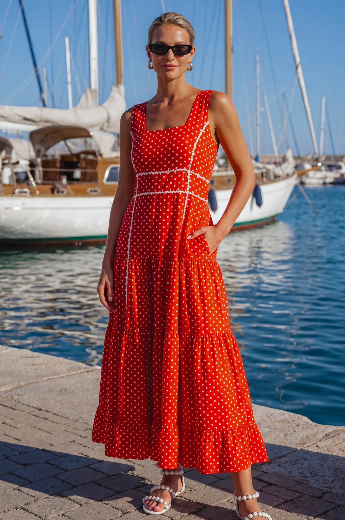 Woman in a red polka dot dress standing by a marina with sailboats.