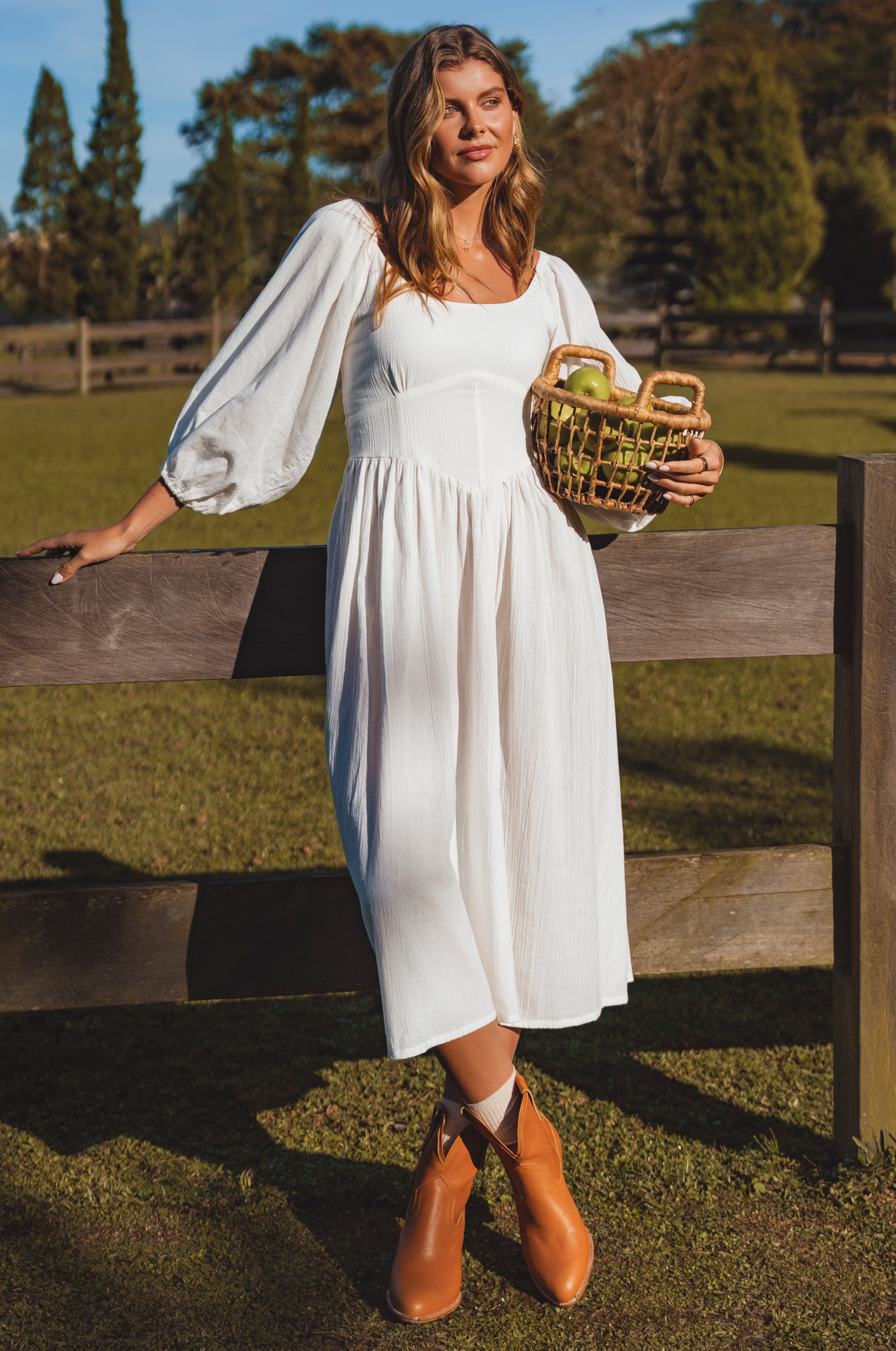 Genevieve Puff Sleeve Linen Midi Dress | Bali ELF