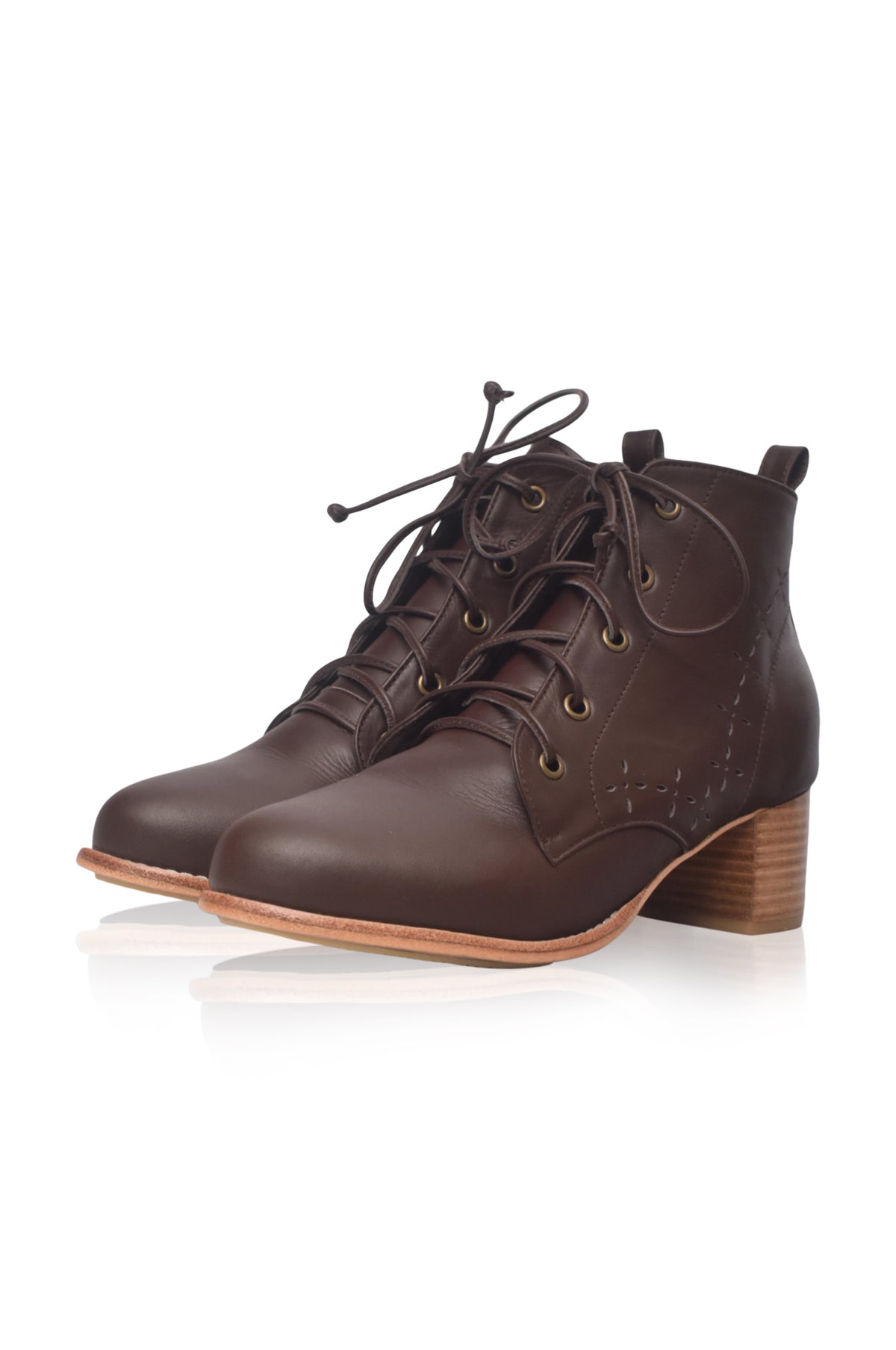 A pair of dark brown leather lace-up ankle boots with a stacked wooden block heel, displayed on a clean white background with a soft reflection.