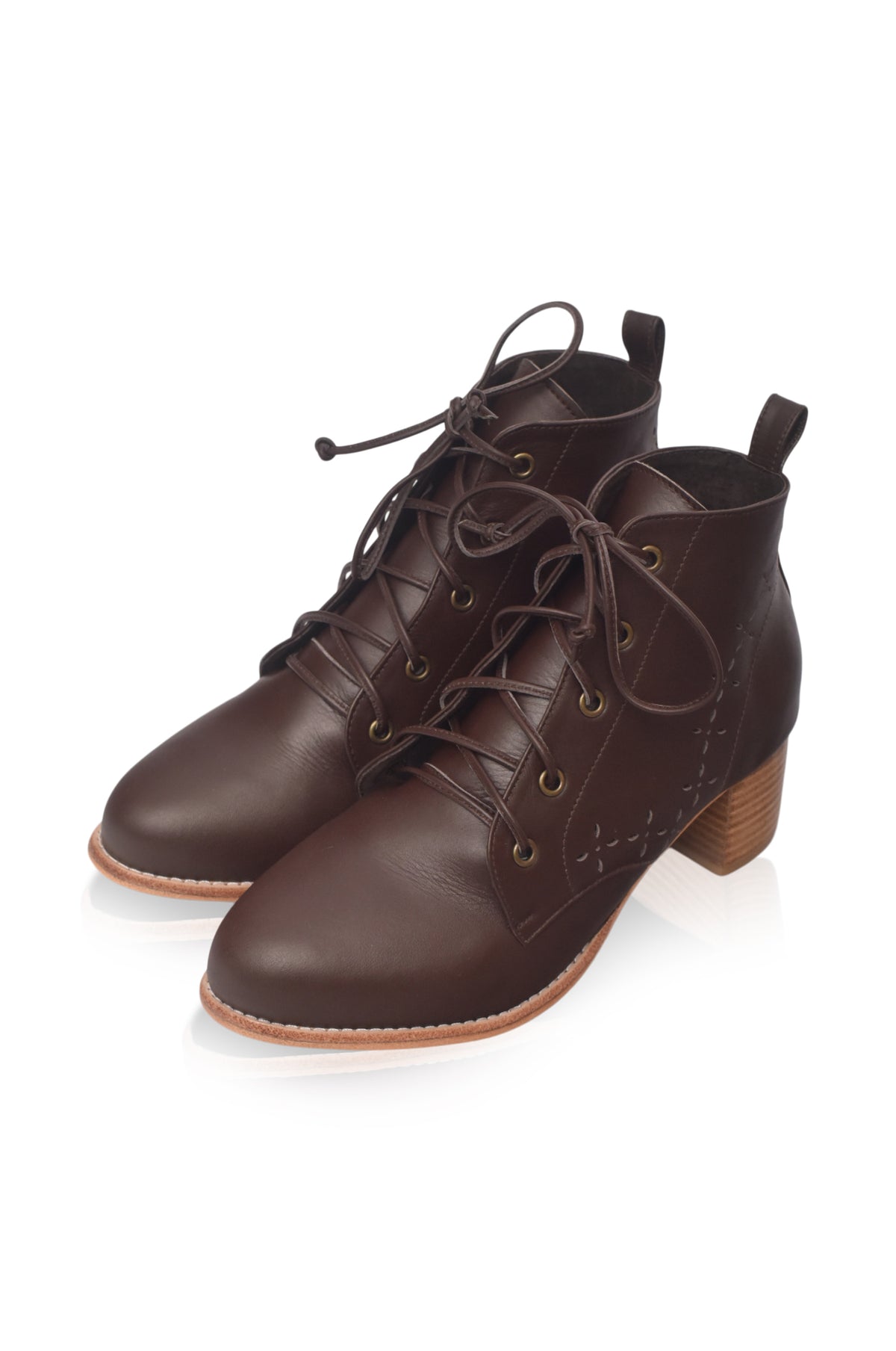 A pair of dark brown leather lace-up ankle boots with a low block heel, shown on a clean white background.