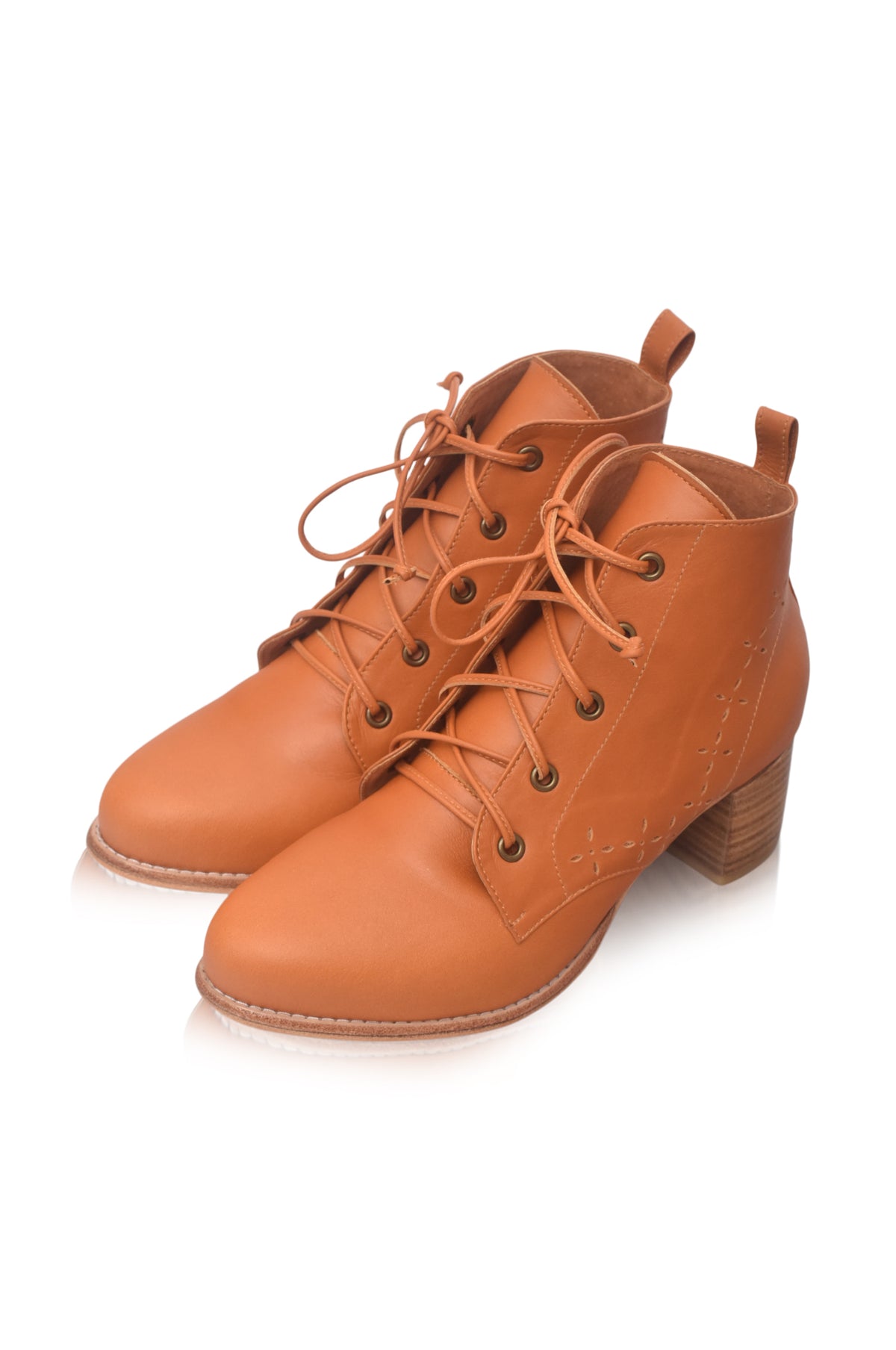 A pair of tan leather lace-up ankle boots with a low block heel, displayed on a clean white background.