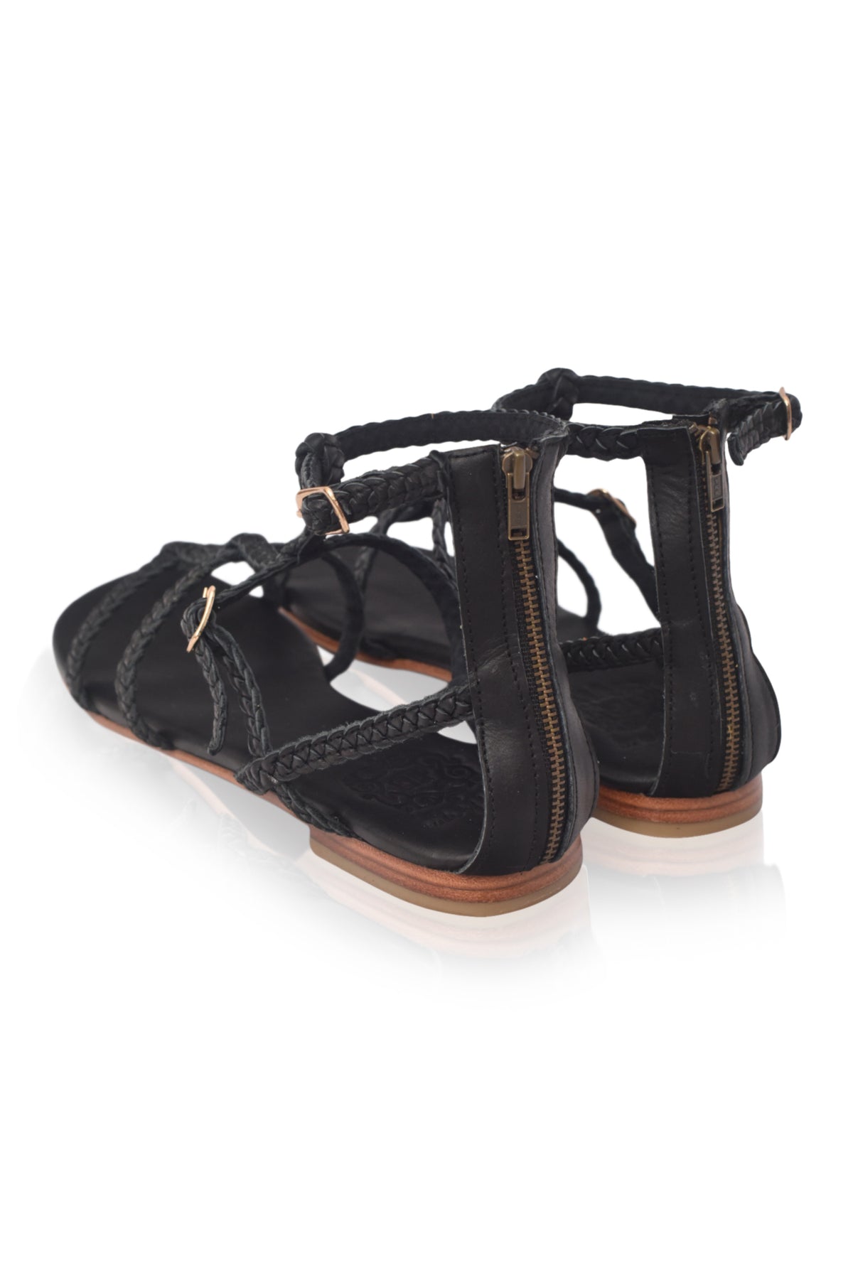 Black gladiator leather sandals, ankle strap detail — handmade by Bali ELF