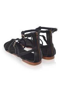 Black gladiator leather sandals, ankle strap detail — handmade by Bali ELF