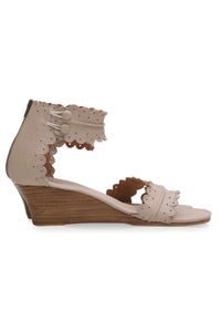 Ivory scalloped leather wedge sandals, on a wooden wedge heel — handmade by Bali ELF