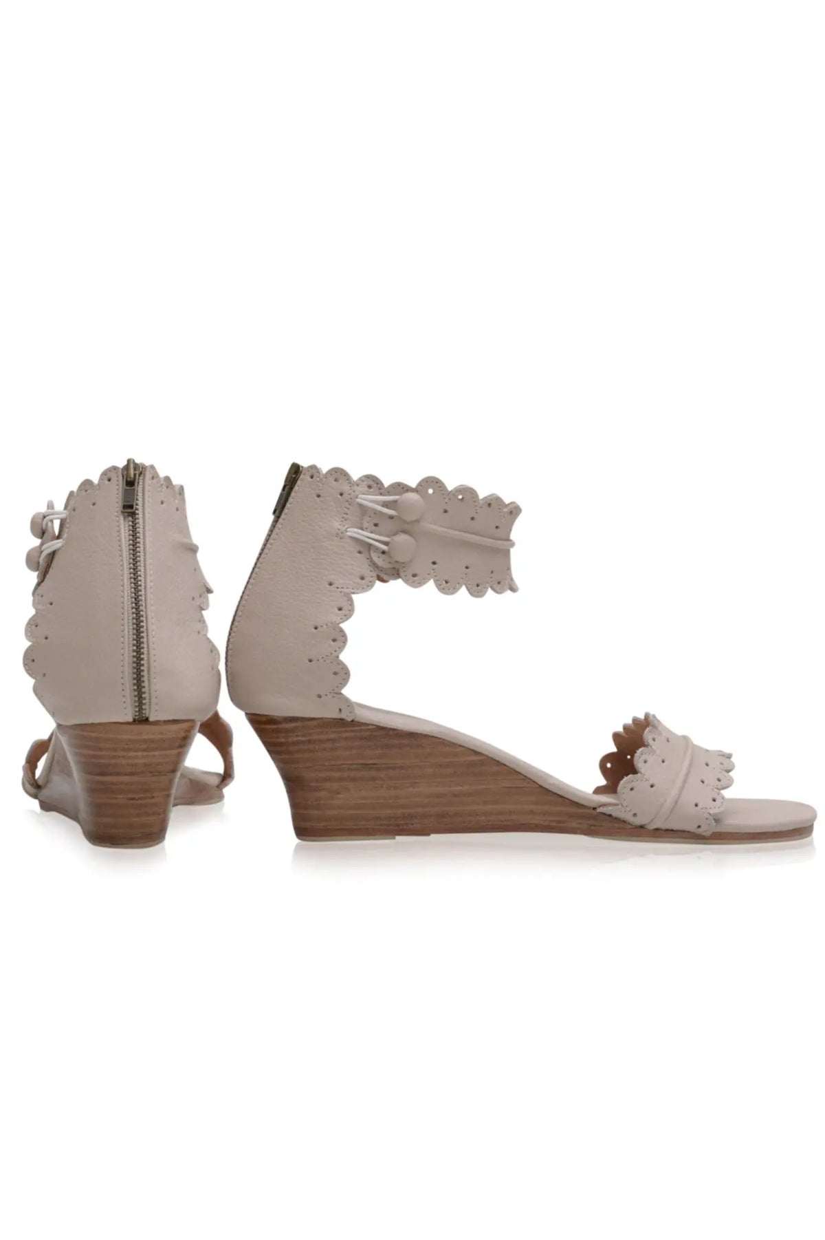 Ivory scalloped leather wedge sandals, cut-out detail — handmade by Bali ELF