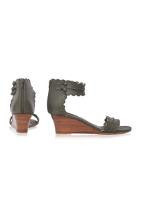 Khaki green scalloped leather wedge sandals, on a wooden wedge heel — handmade by Bali ELF