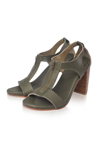 Khaki green block-heel leather sandals, side view — handmade by Bali ELF