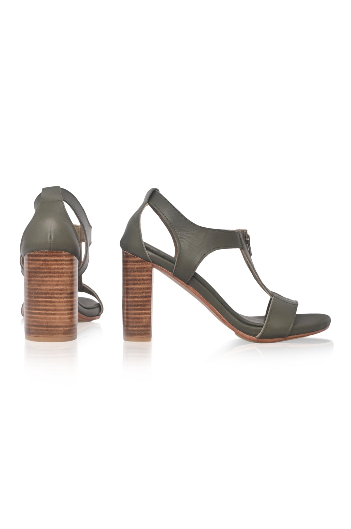 Khaki green block-heel leather sandals, pair — handmade by Bali ELF