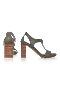 Khaki green block-heel leather sandals, pair — handmade by Bali ELF