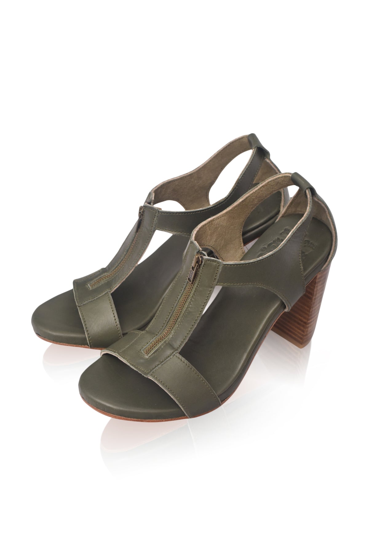 Khaki green block-heel leather sandals, top view — handmade by Bali ELF