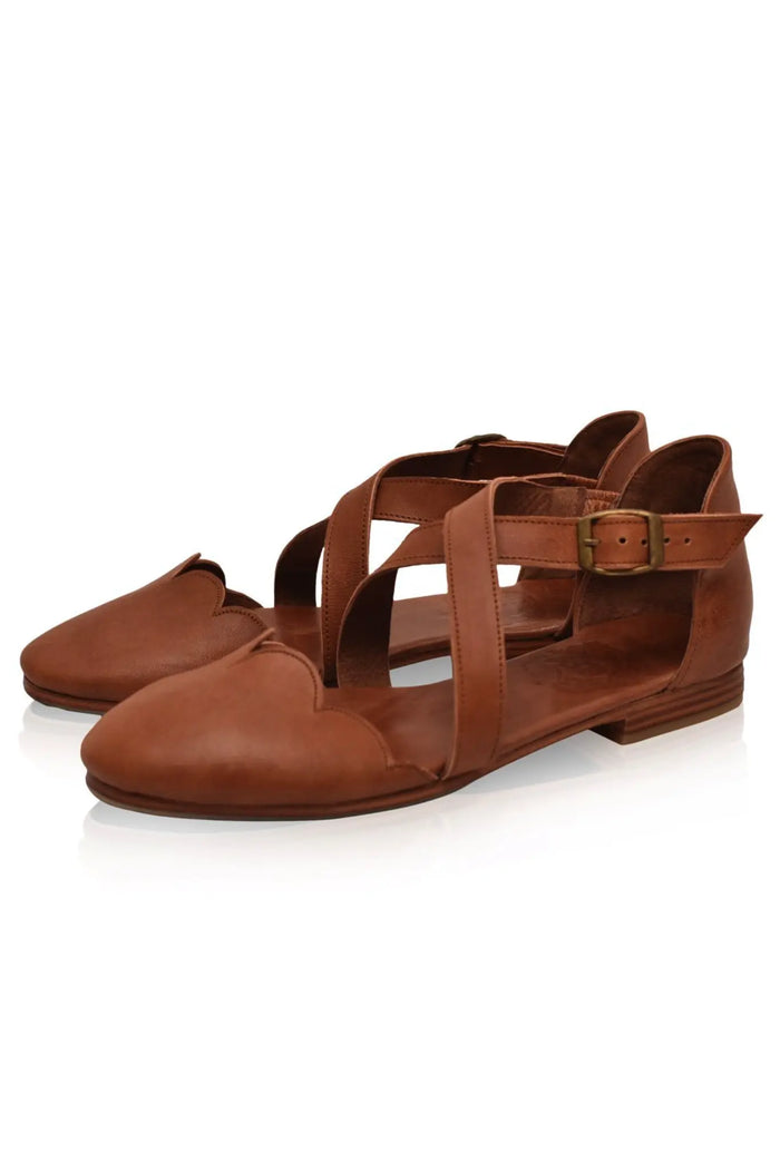Camel cross-strap leather ballet flats, with cross-over straps — handmade by Bali ELF