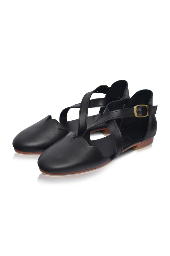 Camel cross-strap leather ballet flats, with cross-over straps — handmade by Bali ELF