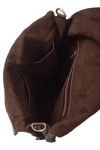 Brown leather bag with gold hardware on a white background
