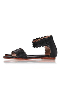 Brown scalloped leather sandals, leather sole detail — handmade by Bali ELF
