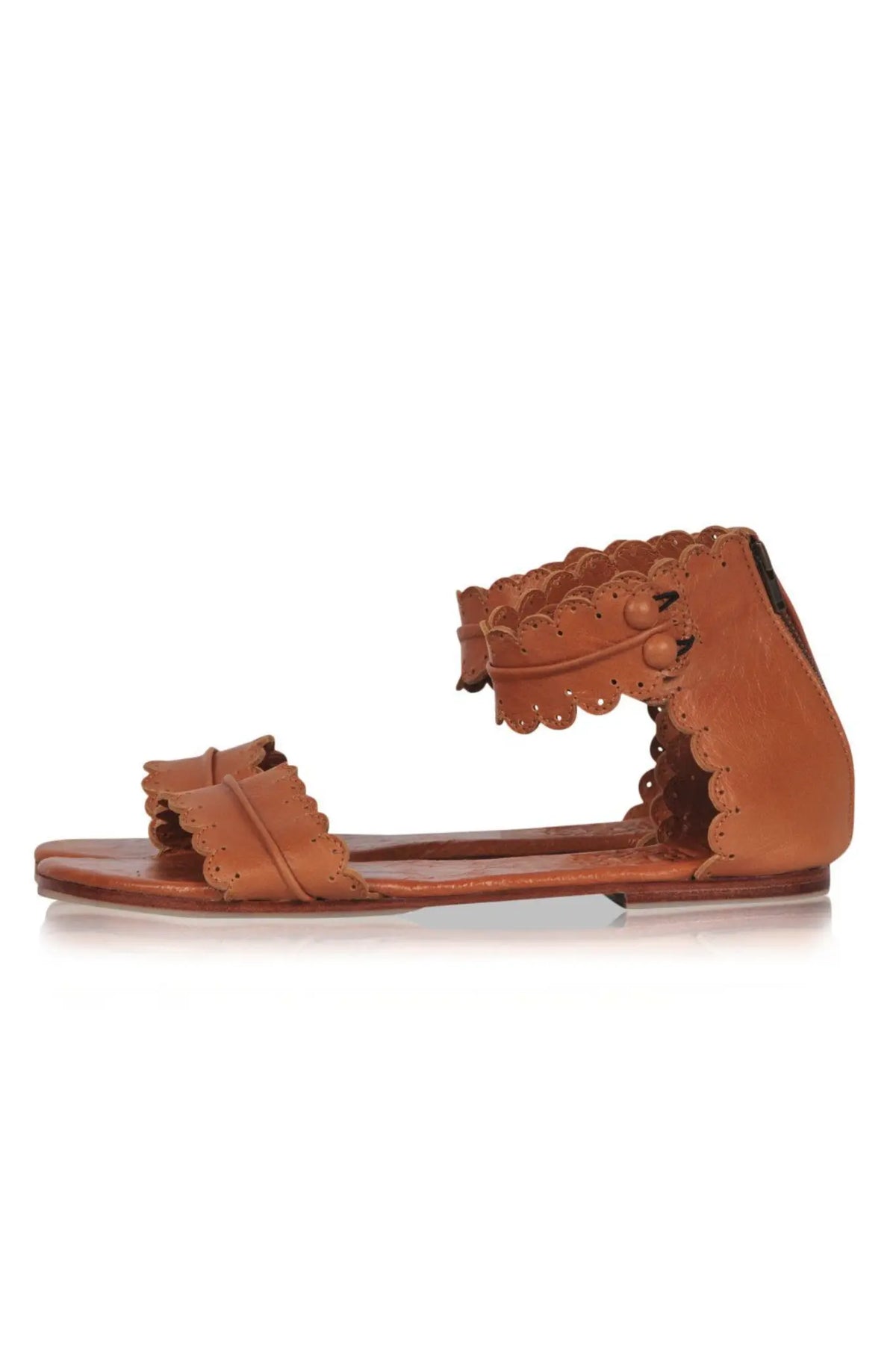 Brown scalloped leather sandals, open-toe silhouette — handmade by Bali ELF