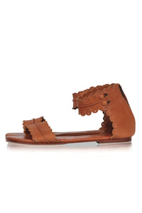 Brown scalloped leather sandals, open-toe silhouette — handmade by Bali ELF