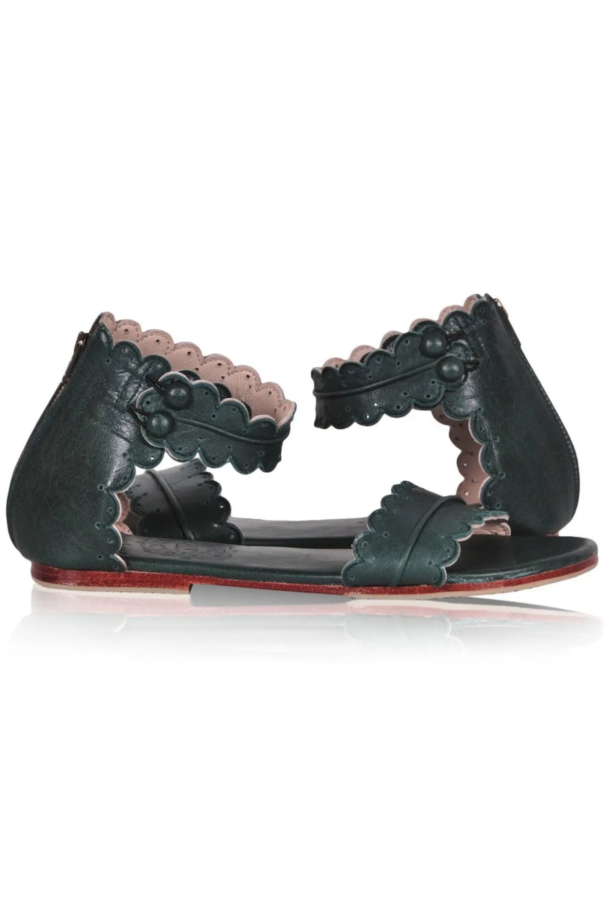 Brown scalloped leather sandals, side profile — handmade by Bali ELF