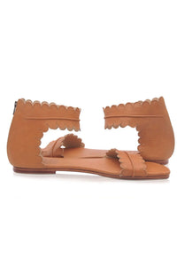 Brown scalloped leather sandals, with scalloped straps — handmade by Bali ELF