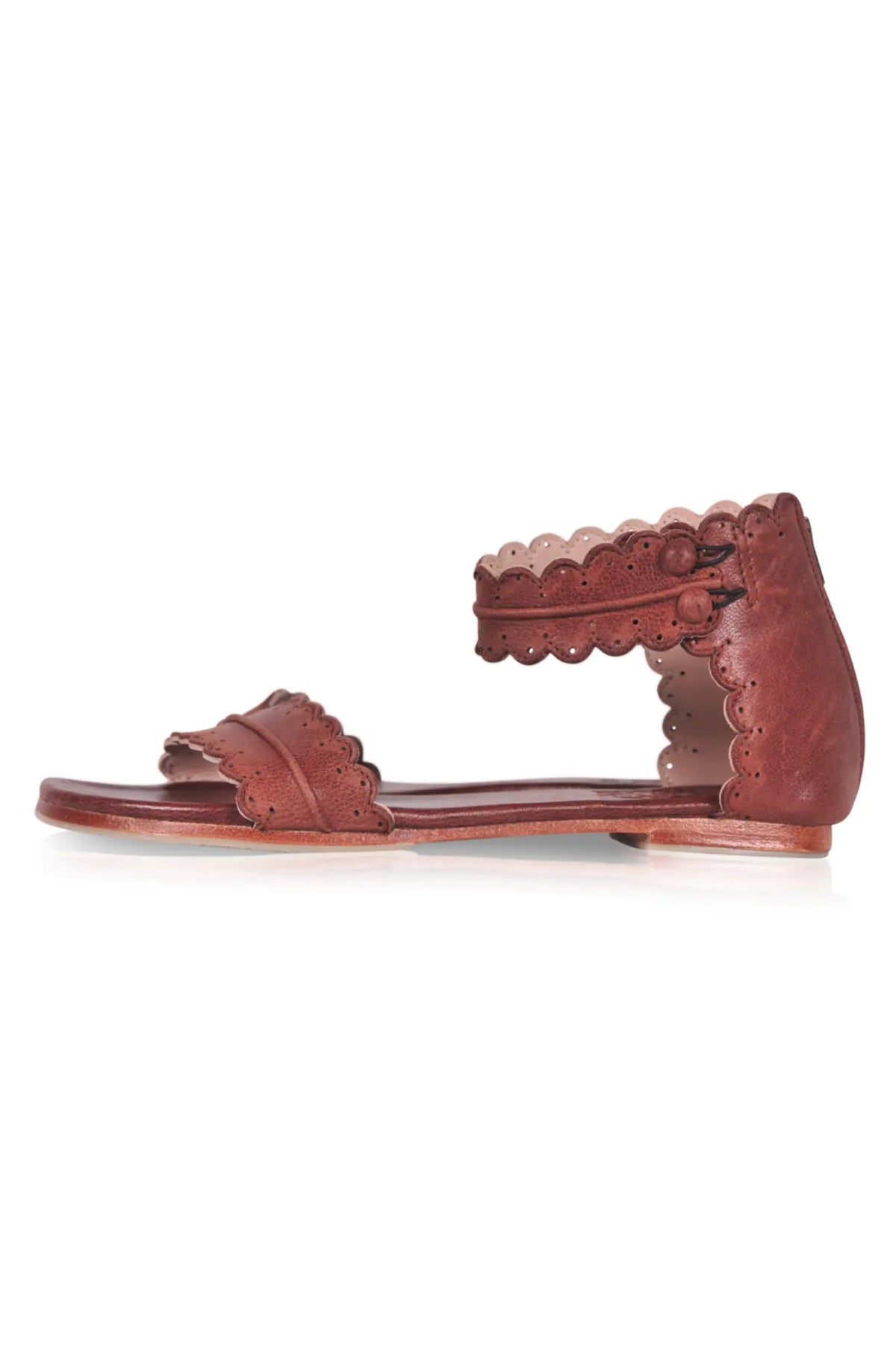 Brown scalloped leather sandals, ankle strap with back zip — handmade by Bali ELF