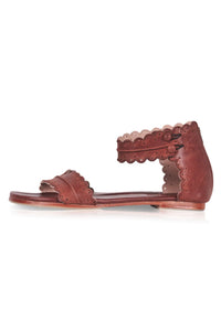 Brown scalloped leather sandals, ankle strap with back zip — handmade by Bali ELF