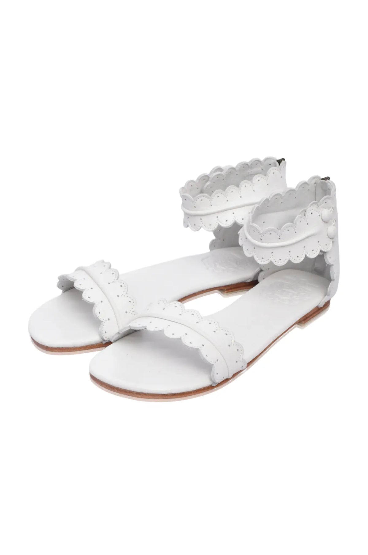 Brown scalloped leather sandals, ankle strap with back zip — handmade by Bali ELF