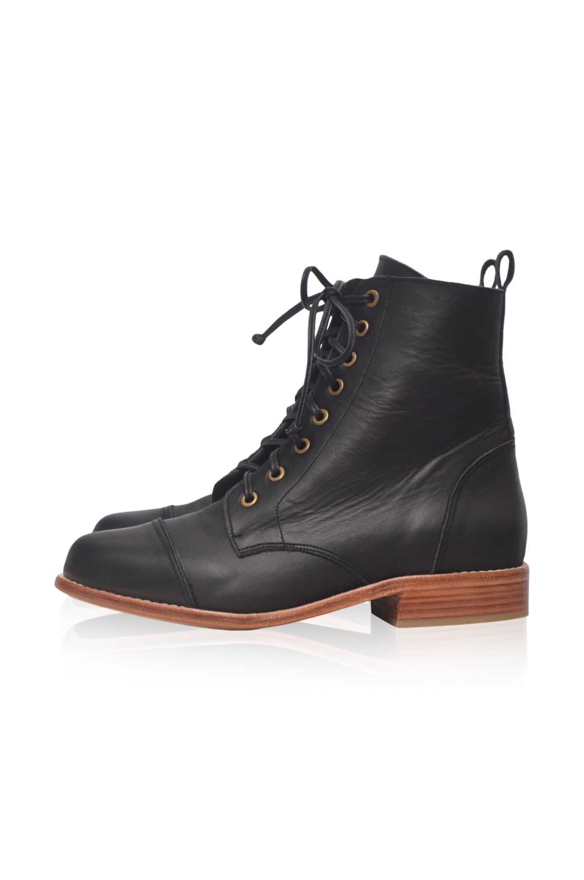 A black leather lace-up ankle boot with a thick, light beige sole, shown in a side profile on a white background.