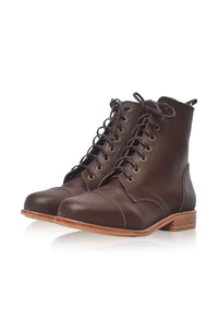 A pair of dark brown leather lace-up ankle boots with a cap toe and stacked wooden-look heels, shown on a clean white background.